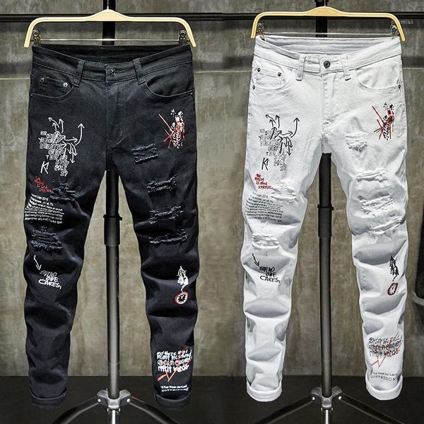 high street fashion brand thin ripped jeans men scraped hole white printed black slim fit personality graffiti long denim pants1, Blue
high street fashion brand thin ripped jeans men scraped hole white printed black slim fit personality graffiti long denim pants1, Blue