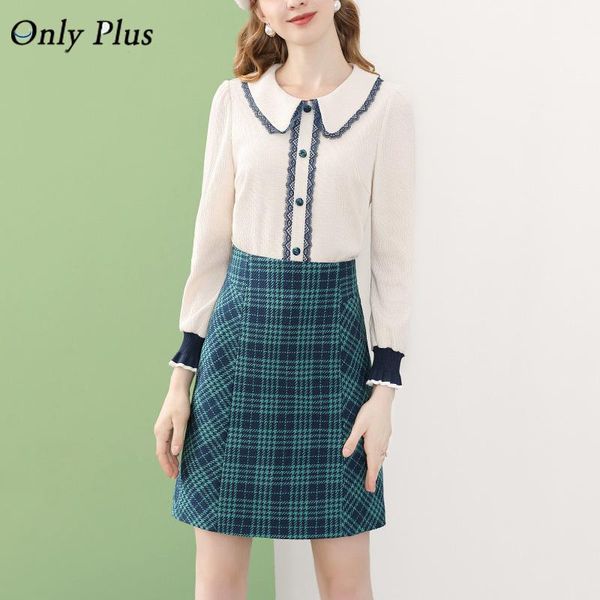 only plus plaid suit woman fashion clothes two set winter 2020 casual french check skirt + jacquard sweater set women clothes, Gray 
only plus plaid suit woman fashion clothes two set winter 2020 casual french check skirt + jacquard sweater set women clothes, Gray