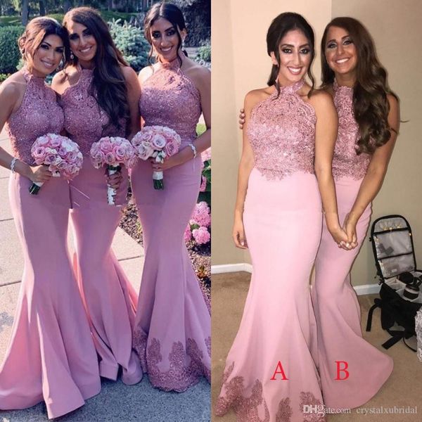 african new pink mermaid bridesmaid dresses halter lace appliques crystal beads sleeveless wedding guest gowns maid of honor dress, White;pink
african new pink mermaid bridesmaid dresses halter lace appliques crystal beads sleeveless wedding guest gowns maid of honor dress, White;pink