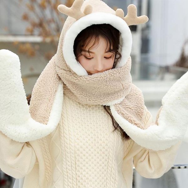 women winter warm 3 in 1 hoodie hat with long scarf gloves combo cartoon reindeer antler fluffy plush earflap cap mitten, Blue;gray
women winter warm 3 in 1 hoodie hat with long scarf gloves combo cartoon reindeer antler fluffy plush earflap cap mitten, Blue;gray