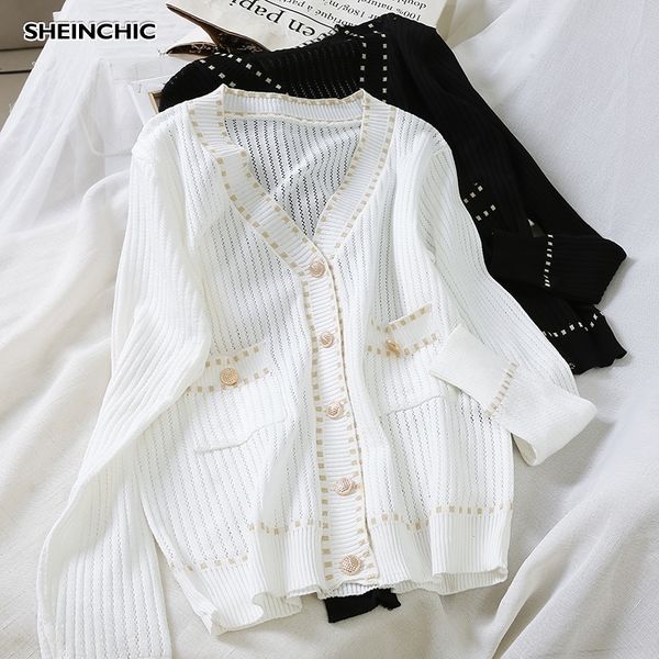 autumn vintage single breasted women sweater casual long sleeve white/black cardigans elegant v-neck knitted blouse y200720
autumn vintage single breasted women sweater casual long sleeve white/black cardigans elegant v-neck knitted blouse y200720