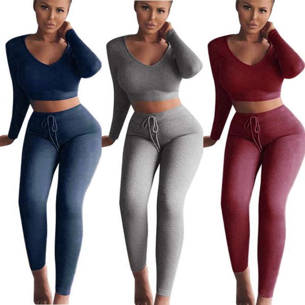 fall 2020 pit stripe sports suit v-neck navel exposed long sleeve t-shirt and pants set, Gray 
fall 2020 pit stripe sports suit v-neck navel exposed long sleeve t-shirt and pants set, Gray