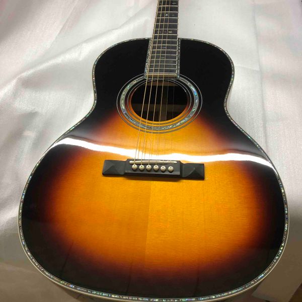 custom 39 inch solid spruce acoustic guitar abalone binding slotted headstock in sunburst accept customized logo
custom 39 inch solid spruce acoustic guitar abalone binding slotted headstock in sunburst accept customized logo
