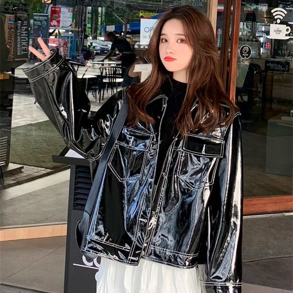 lautaro spring soft patent leather jacket women long sleeve fall clothes for women plus size reflective faux leather shirt women lj201127, Black
lautaro spring soft patent leather jacket women long sleeve fall clothes for women plus size reflective faux leather shirt women lj201127, Black