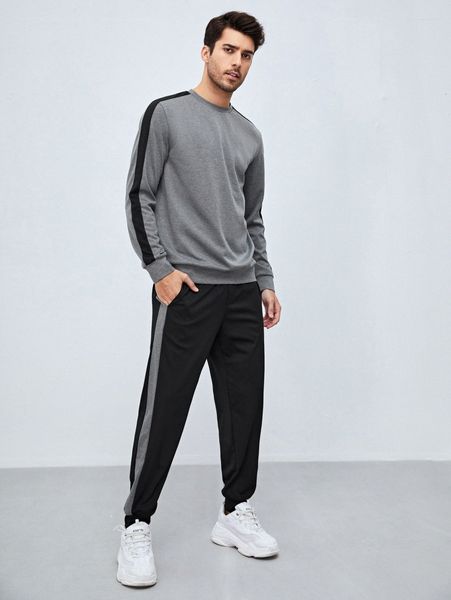 men contrast side seam sweatshirt & sweatpants 19it#, Gray