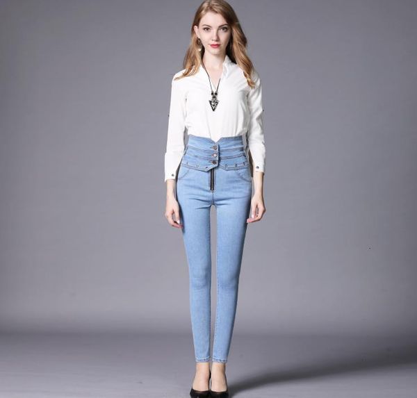 Winter High-waisted Women with Jeans Stretch Skinny European Women's Pencil Pants 94ir, Blue
