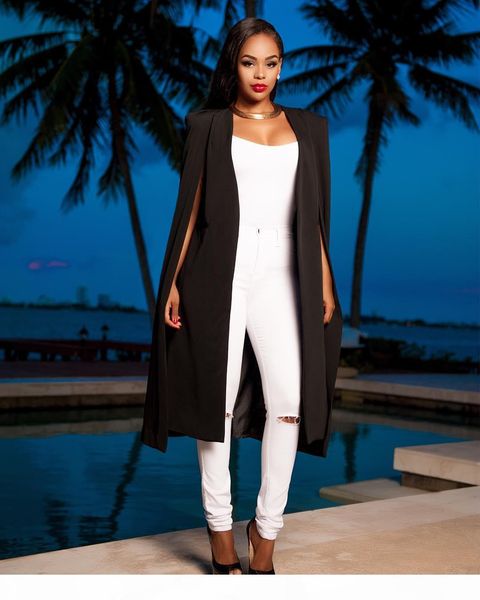 women's spring and autumn new personality solid color long section large cloak blazer, White;black
women's spring and autumn new personality solid color long section large cloak blazer, White;black