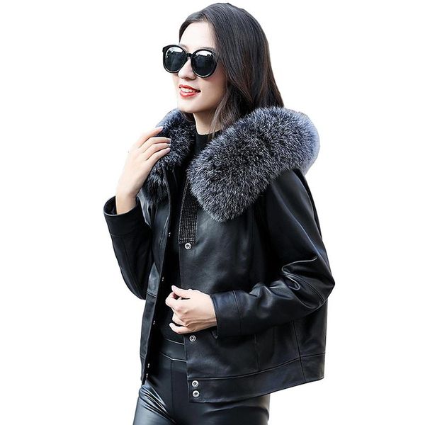 women's leather & faux real down jacket women winter short sheepskin outerwear fur collar white duck coat female 3055, Black
women's leather & faux real down jacket women winter short sheepskin outerwear fur collar white duck coat female 3055, Black