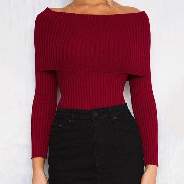 fashion off shoulder long sleeve knitted sweater women winter slim solid sheath sweaters pullovers autumn jumper femme, White;black
