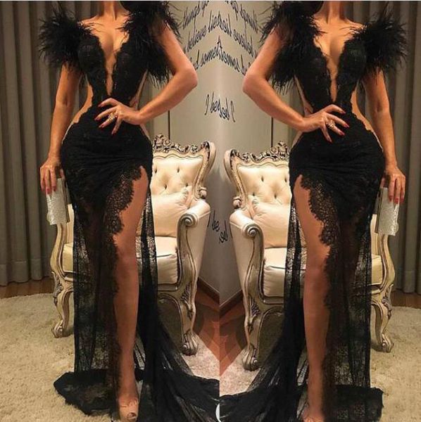 2021 black lace prom dress split formal party pageant wear sheath feather evening dresses v neck see through robes de soiree, Black;red
2021 black lace prom dress split formal party pageant wear sheath feather evening dresses v neck see through robes de soiree, Black;red