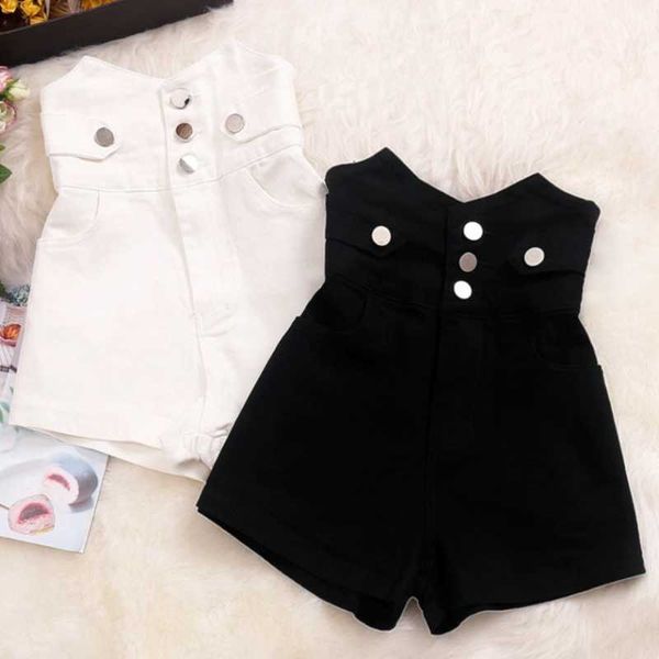 women's shorts 2021 summer black high waist single-breasted denim women elastic wide leg, White;black
women's shorts 2021 summer black high waist single-breasted denim women elastic wide leg, White;black