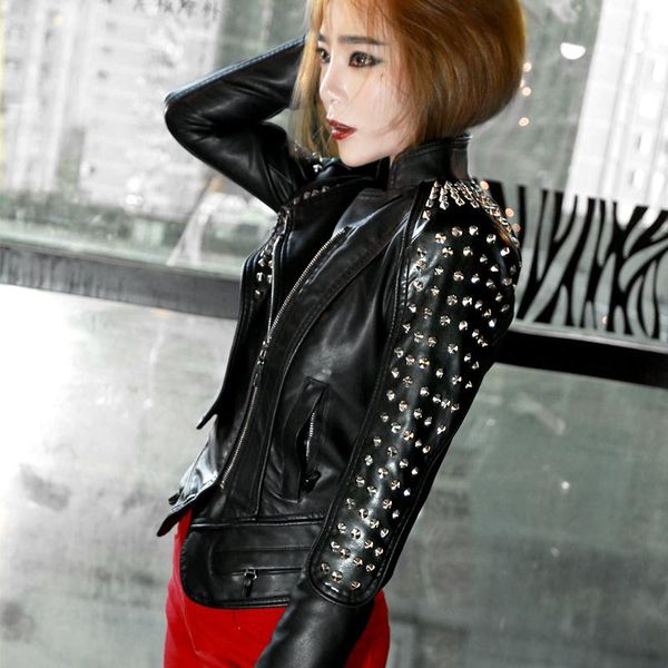 unique design europe women short motorcycle leather jacket fashion punk rivet jacket stand collar slim streetwear jackets, Black
unique design europe women short motorcycle leather jacket fashion punk rivet jacket stand collar slim streetwear jackets, Black