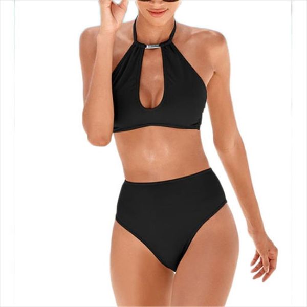 women high waist bikini 2020 summer solid solid black pink blue swimsuit for women cross neck swimwear backless swimming suit, White;black
women high waist bikini 2020 summer solid solid black pink blue swimsuit for women cross neck swimwear backless swimming suit, White;black