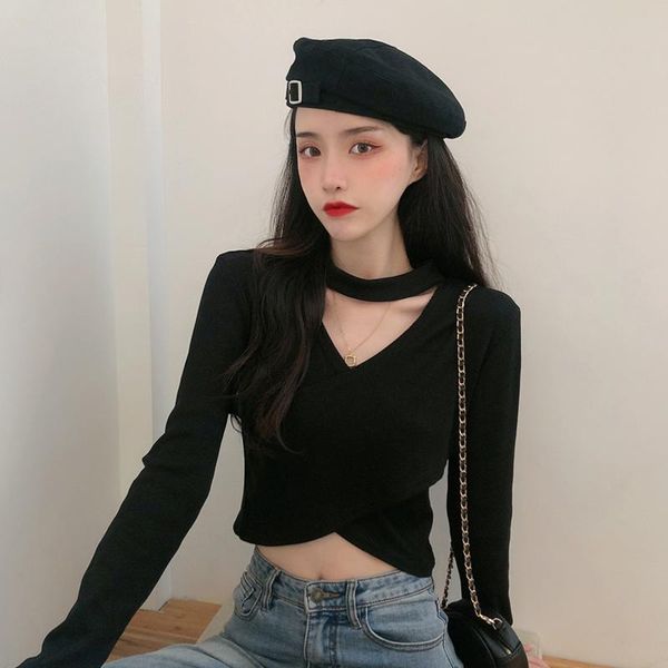 autumn new women's clothing korean halter collar hollow out back crop fashion slim long sleeve t-shirts ins ladies, White
autumn new women's clothing korean halter collar hollow out back crop fashion slim long sleeve t-shirts ins ladies, White