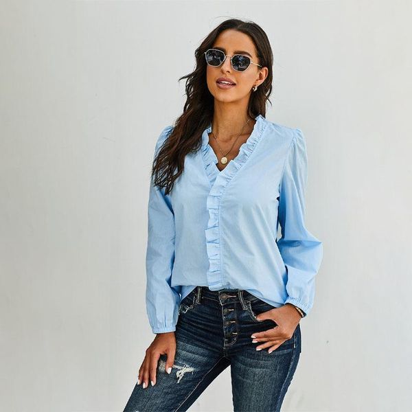 2020 autumn europe and america new style flounced pullover chiffon shirt female v-neck solid color simple lace blouse, White
2020 autumn europe and america new style flounced pullover chiffon shirt female v-neck solid color simple lace blouse, White
