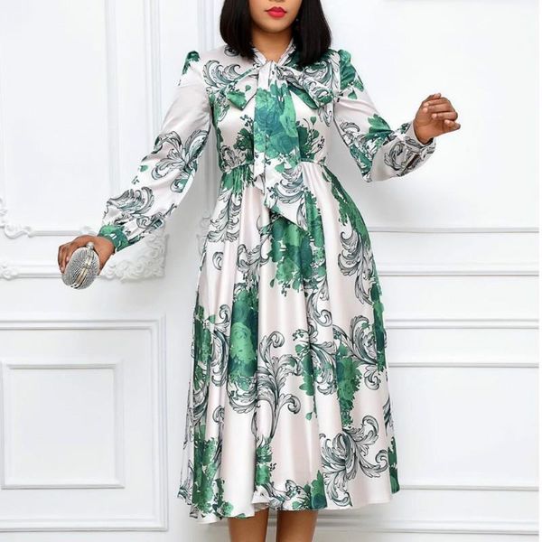women long sleeves printed dresses with bowtie collar pleated high waist midi elegant ladies fashion african new vestidos robes, Black;gray
women long sleeves printed dresses with bowtie collar pleated high waist midi elegant ladies fashion african new vestidos robes, Black;gray