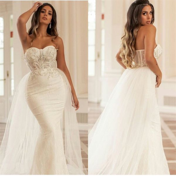 plus size mermaid wedding dresses with detachable train strapless 3d floral appliqued boho bridal gown custom made vestidos de novia, White
plus size mermaid wedding dresses with detachable train strapless 3d floral appliqued boho bridal gown custom made vestidos de novia, White
