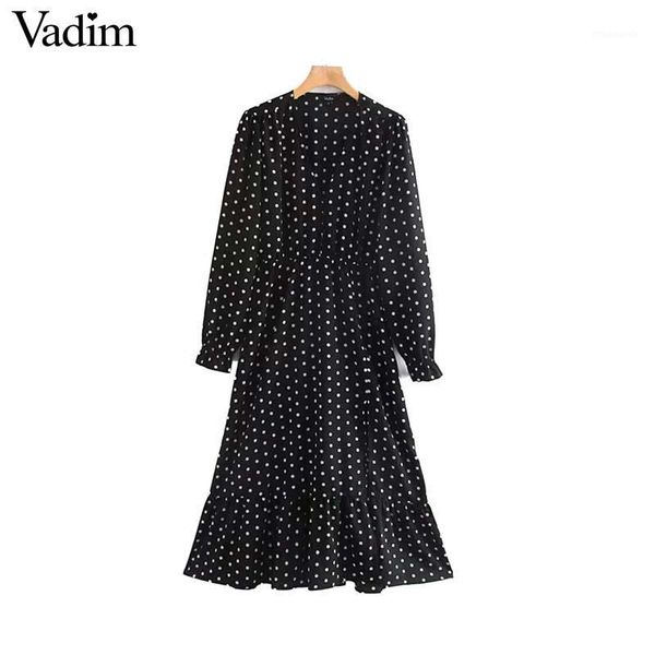 vadim women elegant black polka dots dress long sleeve elastic waist female casual cozy mid calf dresses vestidos qc8401, Black;gray
vadim women elegant black polka dots dress long sleeve elastic waist female casual cozy mid calf dresses vestidos qc8401, Black;gray
