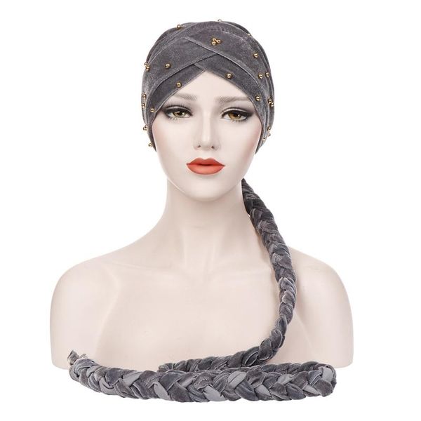 the new forehead cross velvet long braid beaded baotou cap pure color gold pearl baotou cap spot, Blue;gray
the new forehead cross velvet long braid beaded baotou cap pure color gold pearl baotou cap spot, Blue;gray