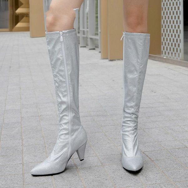 boots knee-high women shoes zip high heel lady pointed toe spike heels long winter silver black big size 46
boots knee-high women shoes zip high heel lady pointed toe spike heels long winter silver black big size 46