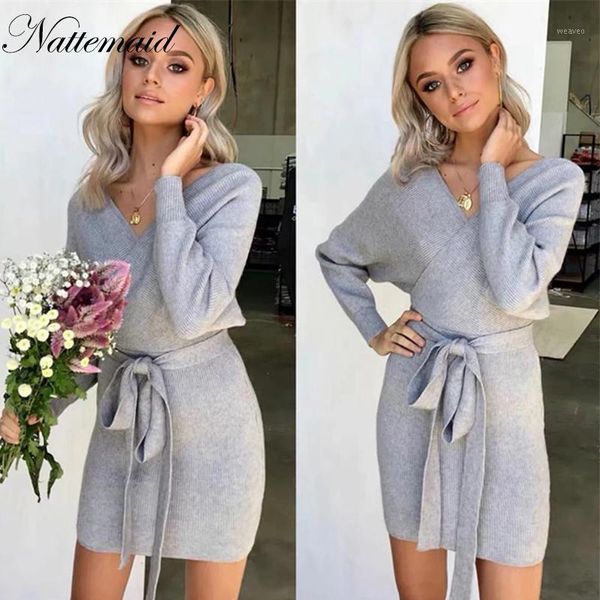 nattemaid autumn knitting v neck dress women high stretch solid elegant mini dress with sashes sweater casual winter1, Black;gray
nattemaid autumn knitting v neck dress women high stretch solid elegant mini dress with sashes sweater casual winter1, Black;gray