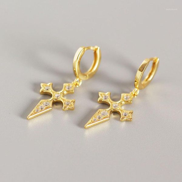 other 1pair 100% authentic 925 sterling silver golds white religion cross hoop huggie earrings fine jewelry tle6301, Golden;silver