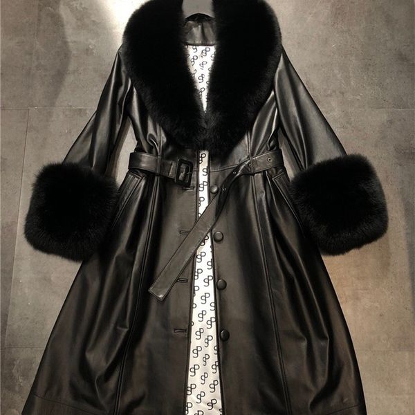 winter new women real fox fur collar and cuffs long sheepskin jacket warm slim fit genuine leather trench coat ladies overcoat 201030, Black
winter new women real fox fur collar and cuffs long sheepskin jacket warm slim fit genuine leather trench coat ladies overcoat 201030, Black