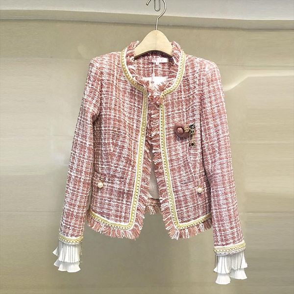 elegant pink plaid tweed jacket autumn winter womens woolen fringed trim tassels brooch long sleeve pearls short jacket coat, Black;brown 
elegant pink plaid tweed jacket autumn winter womens woolen fringed trim tassels brooch long sleeve pearls short jacket coat, Black;brown