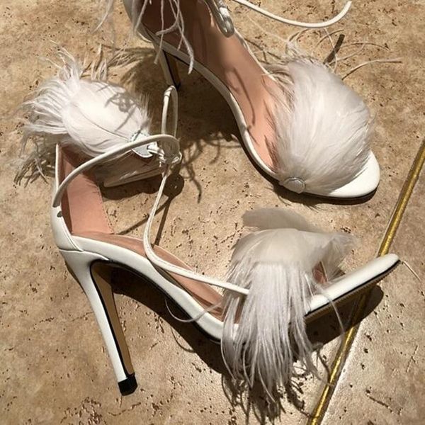 sandals white feather lace-up high heel peep toe cut-out gladiator dress shoes ankle strap wedding party, Black