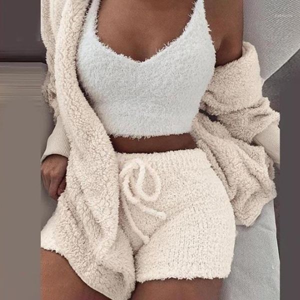 women polyester home pajamas three-piece set soft sleeping winter plush casual bedroom cardigan blouse short pant vest1, White
women polyester home pajamas three-piece set soft sleeping winter plush casual bedroom cardigan blouse short pant vest1, White