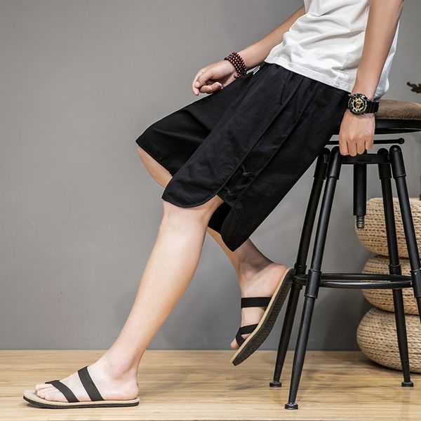 china style summer 2020 new cotton and hemp solid loose beach pants men's coiled button shorts, White;black
china style summer 2020 new cotton and hemp solid loose beach pants men's coiled button shorts, White;black