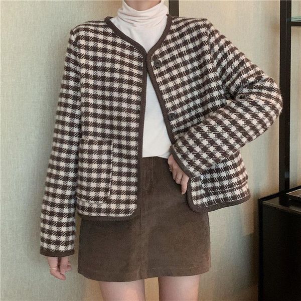 women's jackets spring korean plaid woolen jacket women autumn fashion chic long sleeve short outerwear elegant vintage o-neck houndsto, Black;brown
women's jackets spring korean plaid woolen jacket women autumn fashion chic long sleeve short outerwear elegant vintage o-neck houndsto, Black;brown