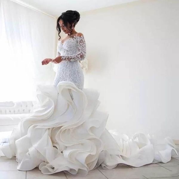 new arrival cascading ruffles wedding dress with long sleeves illusion bodice chapel train mermaid high-end wedding boutiques, Black
new arrival cascading ruffles wedding dress with long sleeves illusion bodice chapel train mermaid high-end wedding boutiques, Black