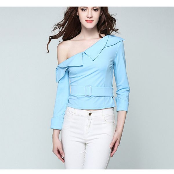 2020 new female autumn off the shoulder solid thin sleeve long diagonal casual turtleneck luxury shirt with belt, White
2020 new female autumn off the shoulder solid thin sleeve long diagonal casual turtleneck luxury shirt with belt, White