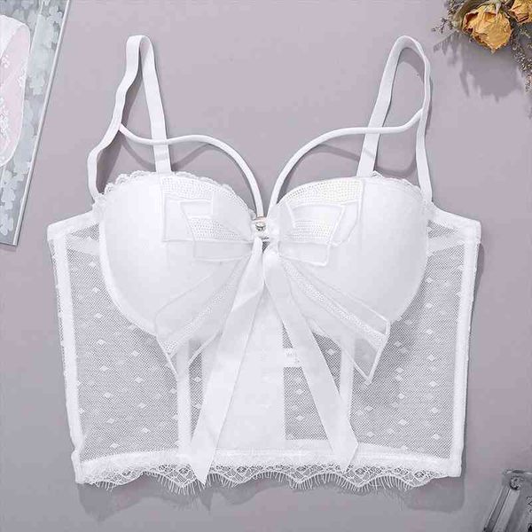 women lace camisole sequined bowknot perspective crop bustier bra night club party tank with steel ring y838, White
women lace camisole sequined bowknot perspective crop bustier bra night club party tank with steel ring y838, White