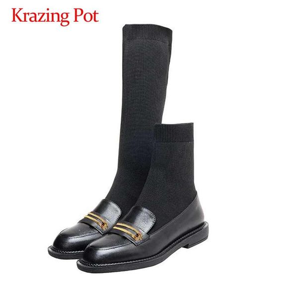 krazing pot sock boots genuine leather knitting metal decorations patchwork round toe low heel slip on dress mid-calf boots l91, Black
krazing pot sock boots genuine leather knitting metal decorations patchwork round toe low heel slip on dress mid-calf boots l91, Black