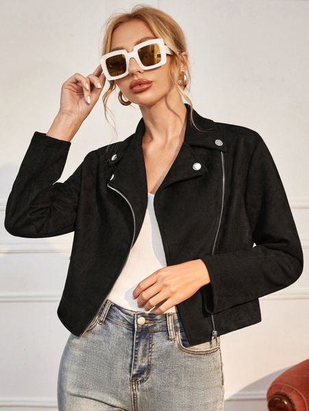 solid suede moto jacket p43g#, Black;brown