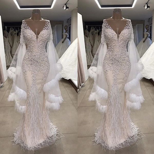 new mermaid beading wedding dresses women luxury flare long sleeve bridal gowns ostrich feather plunging v neck robes de mariée, White
new mermaid beading wedding dresses women luxury flare long sleeve bridal gowns ostrich feather plunging v neck robes de mariée, White