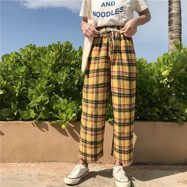 pantalones vintage yellow plaid japanese harajuku summer pants women casual drawstring ankle length loose wide leg cotton pants, Black;white
pantalones vintage yellow plaid japanese harajuku summer pants women casual drawstring ankle length loose wide leg cotton pants, Black;white