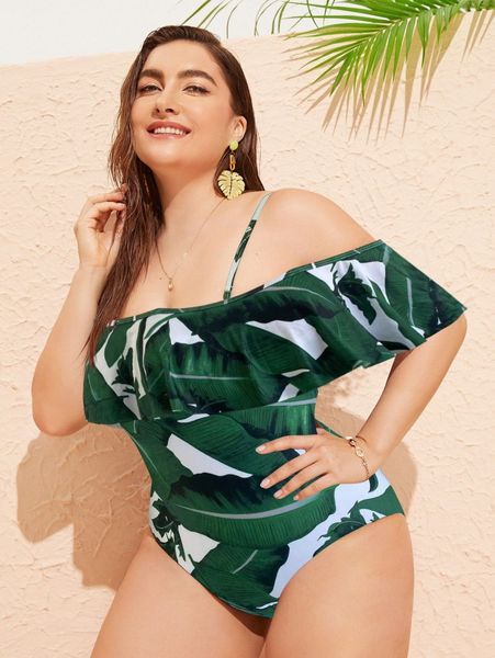 allover leaf print off the shoulder one piece swimsuit x2ah#, Black
allover leaf print off the shoulder one piece swimsuit x2ah#, Black