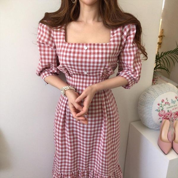 women dress 2020 women clothes korean retro style square neck plaid waist show thin bubble sleeve long fishtail dresses, Black;gray
women dress 2020 women clothes korean retro style square neck plaid waist show thin bubble sleeve long fishtail dresses, Black;gray