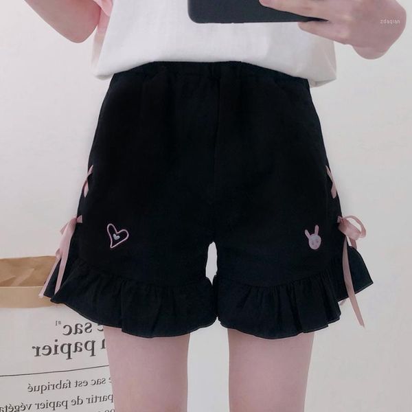 women's shorts japanese love embroidery high waist ruffles trim side lace-up bow girl casual women black loose female shorts1, White;black
women's shorts japanese love embroidery high waist ruffles trim side lace-up bow girl casual women black loose female shorts1, White;black