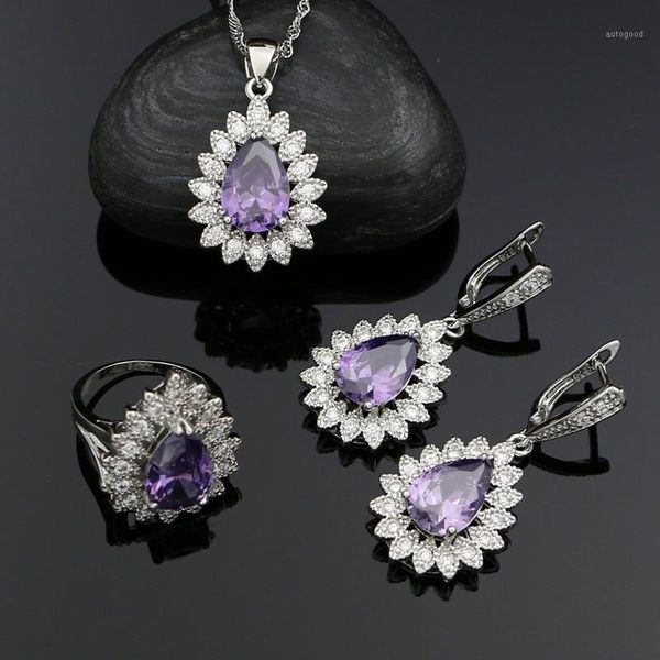 earrings & necklace 925 silver bridal jewelry sets for women purple cubic zirconia pendant ring set wedding accessories1
earrings & necklace 925 silver bridal jewelry sets for women purple cubic zirconia pendant ring set wedding accessories1