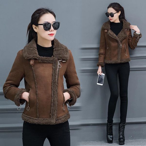 women's fleece winter coat warm jacket female 2020 new buckskin lambswool women outwear motorcycle jacket high quality, Black;brown
women's fleece winter coat warm jacket female 2020 new buckskin lambswool women outwear motorcycle jacket high quality, Black;brown