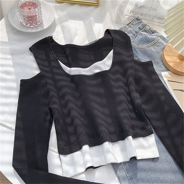 2021 new fake two piece stitching strapless short long sleeve pullover sweater women spring korean jh1h, White
2021 new fake two piece stitching strapless short long sleeve pullover sweater women spring korean jh1h, White