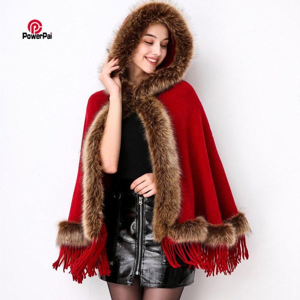 

scarves fashion faux raccoon fur poncho cape hooded coat women autumn winter knit cashmere cloak shawl tassels retail wholesale, Blue;gray