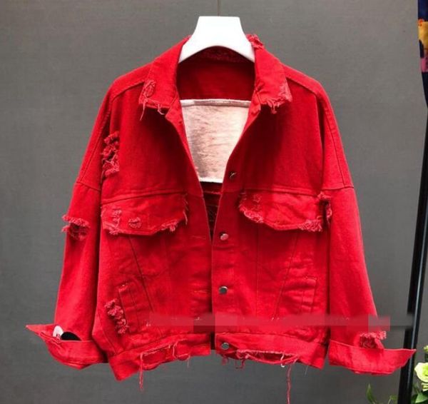 

2020 autumn sequins red denim coat women's fashion loose short hole jacket female student bf wind black jeans coat overcoats, Black;brown