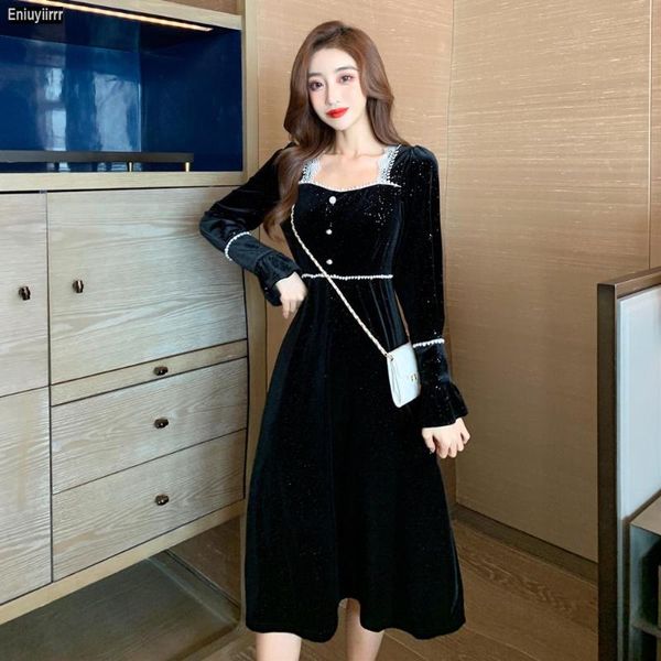women 2021 new year winter spring beading french black long elegant party velvet dress, Black;gray
women 2021 new year winter spring beading french black long elegant party velvet dress, Black;gray