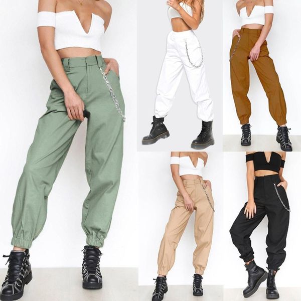 women casual women solid color sports cargo pants loose ankle tie trousers with chain cool girls female black white khaki
women casual women solid color sports cargo pants loose ankle tie trousers with chain cool girls female black white khaki