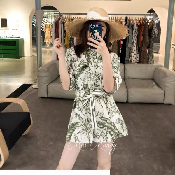 2020 zim latest retro cotton floral lapel loose waist jumpsuit, Black;white